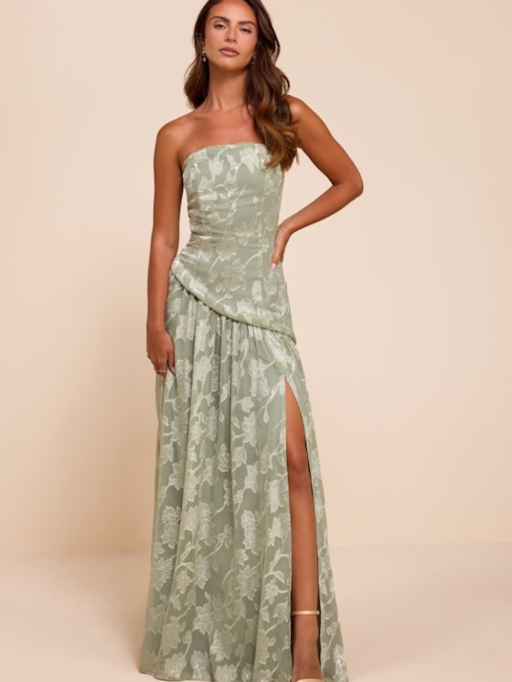 Lulus Allison Sage Floral Burnout Drop Waist Maxi Dress Green - Size XS